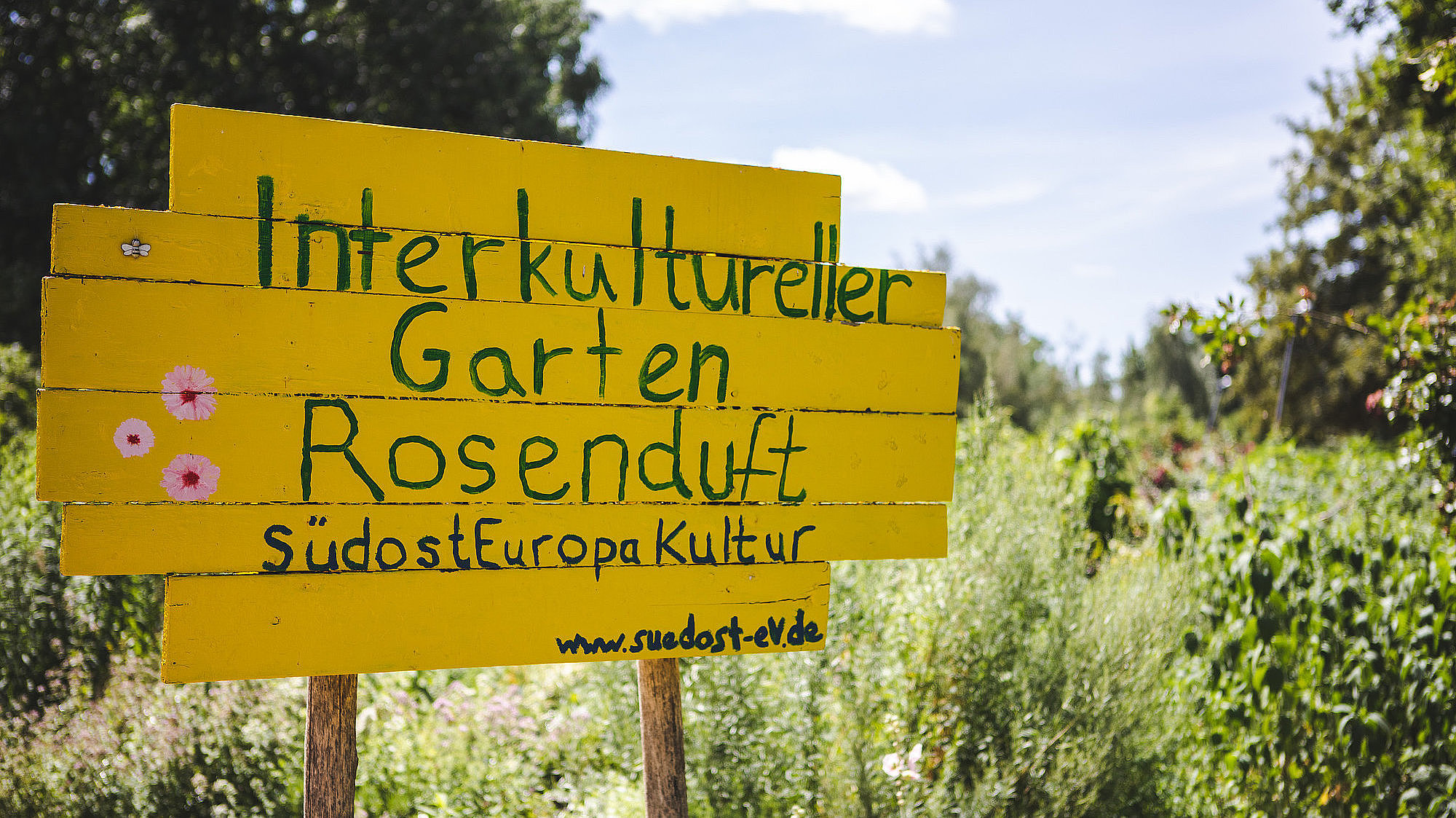 In grüner Schrift steht auf einem gelben Holzschild "Interkultureller Garten Rosenduft"